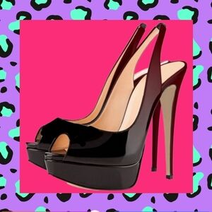 Loslandifen Black Patent 6" Heel Ankle Strap Sandal NWOT